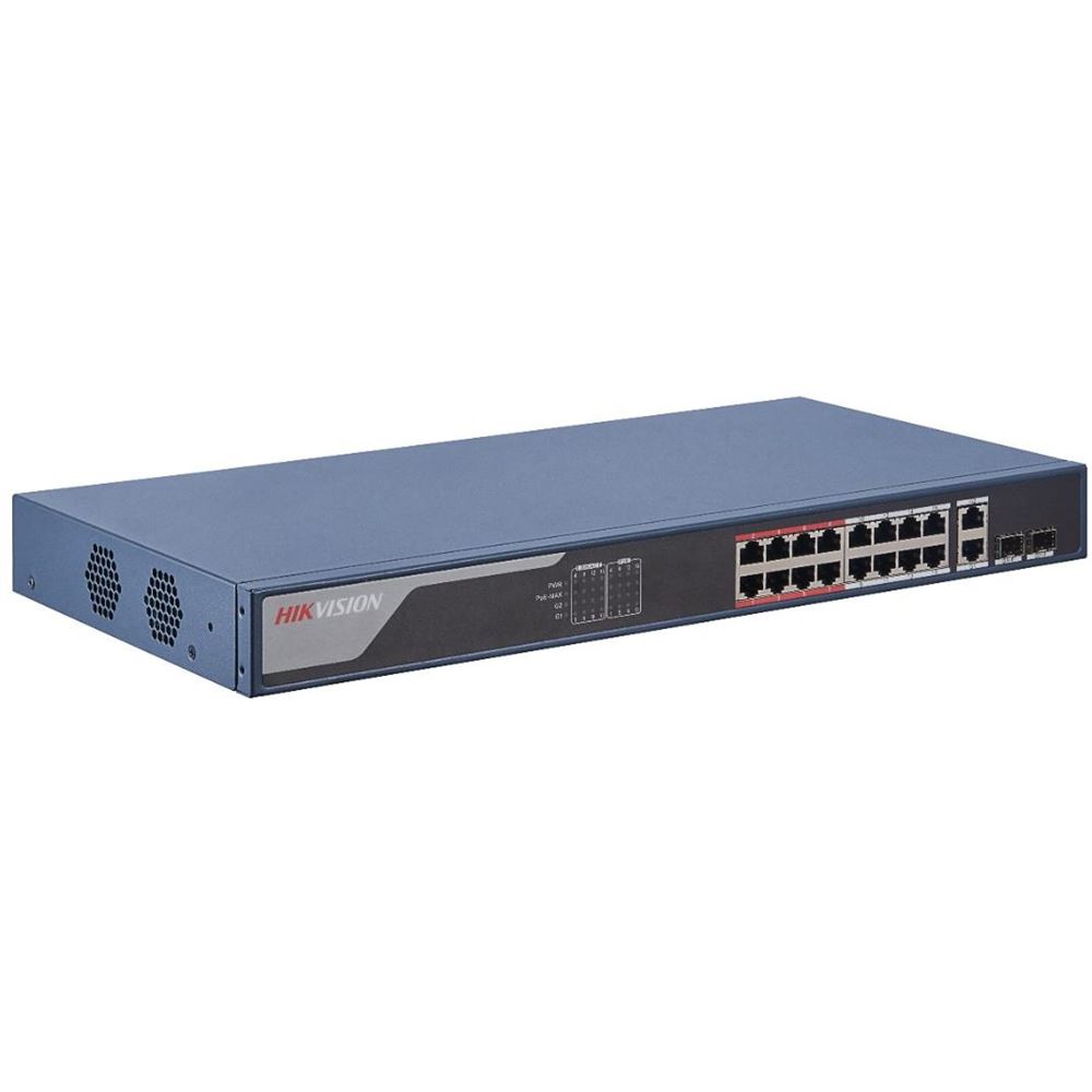 DS-3E1318P-EI V2 Smart managed switch 16x100TX PoE + 2x Gb Uplink Combo port, 230W, Super PoE- dosah až 300m