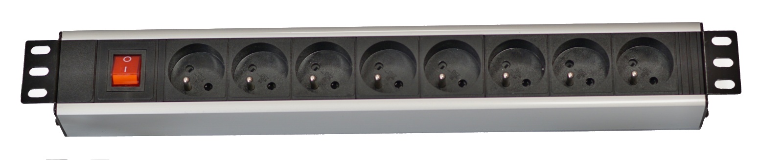 Napájecí panel 8 zásuvek 230V, vypínač, rack 19'', kabel 3m, hliníkový rám