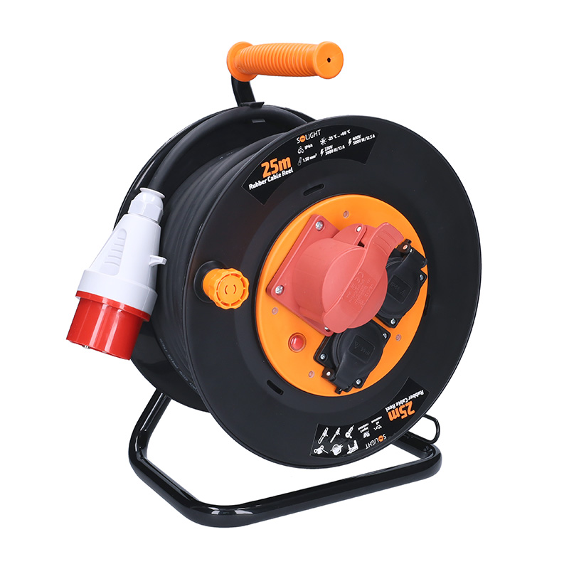 Solight PB40 prodlužovací přívod na bubnu, 3 zásuvky, 400V + 230V, 25m gumový kabel 5x1,5mm2, IP44